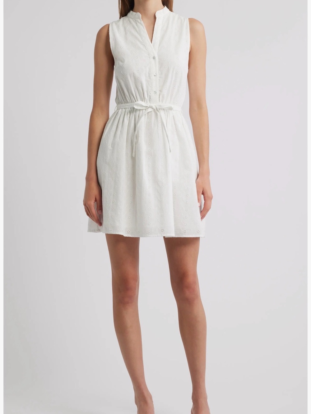 Lipsy London white eyelet mini dress with subtle floral embroidery and tie